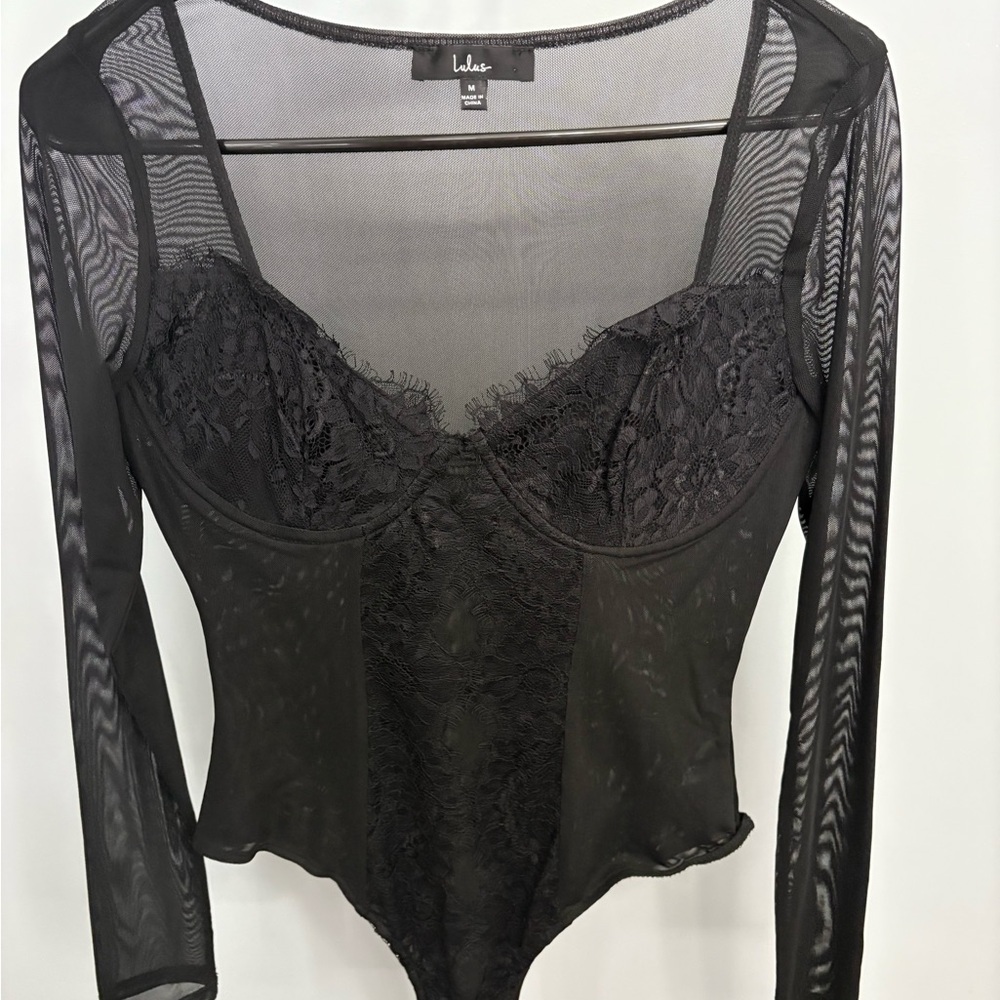 Lulu's Sheer Black Lace Bodysuit